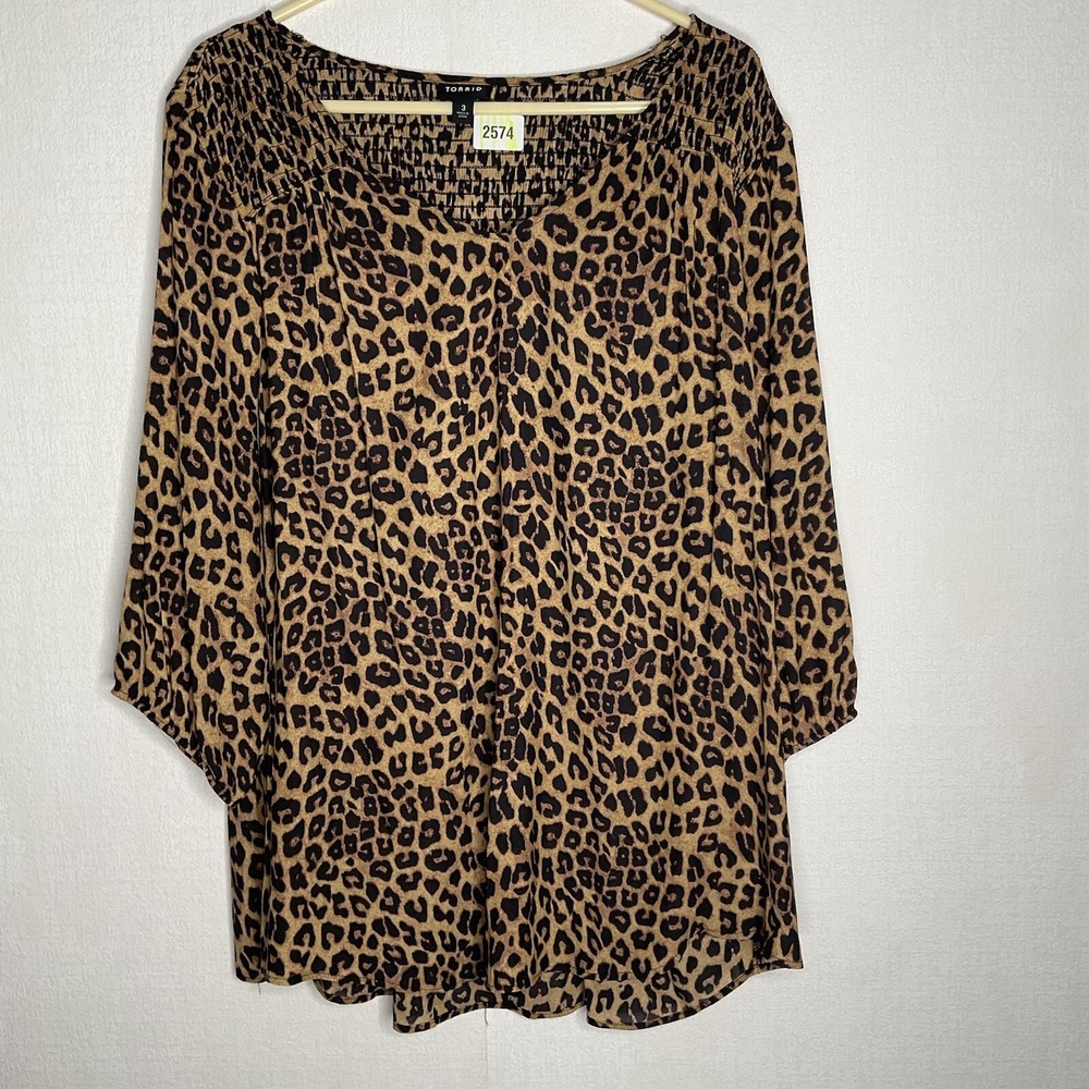 Torrid Animal Cheetah Print Smocked 3/4 Sleeve Blouse Top Shirt Plus Size 3X - 3